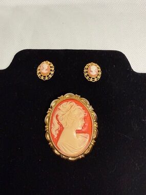 Cameo Brooch & Earring Set Coral and Cream Vintage